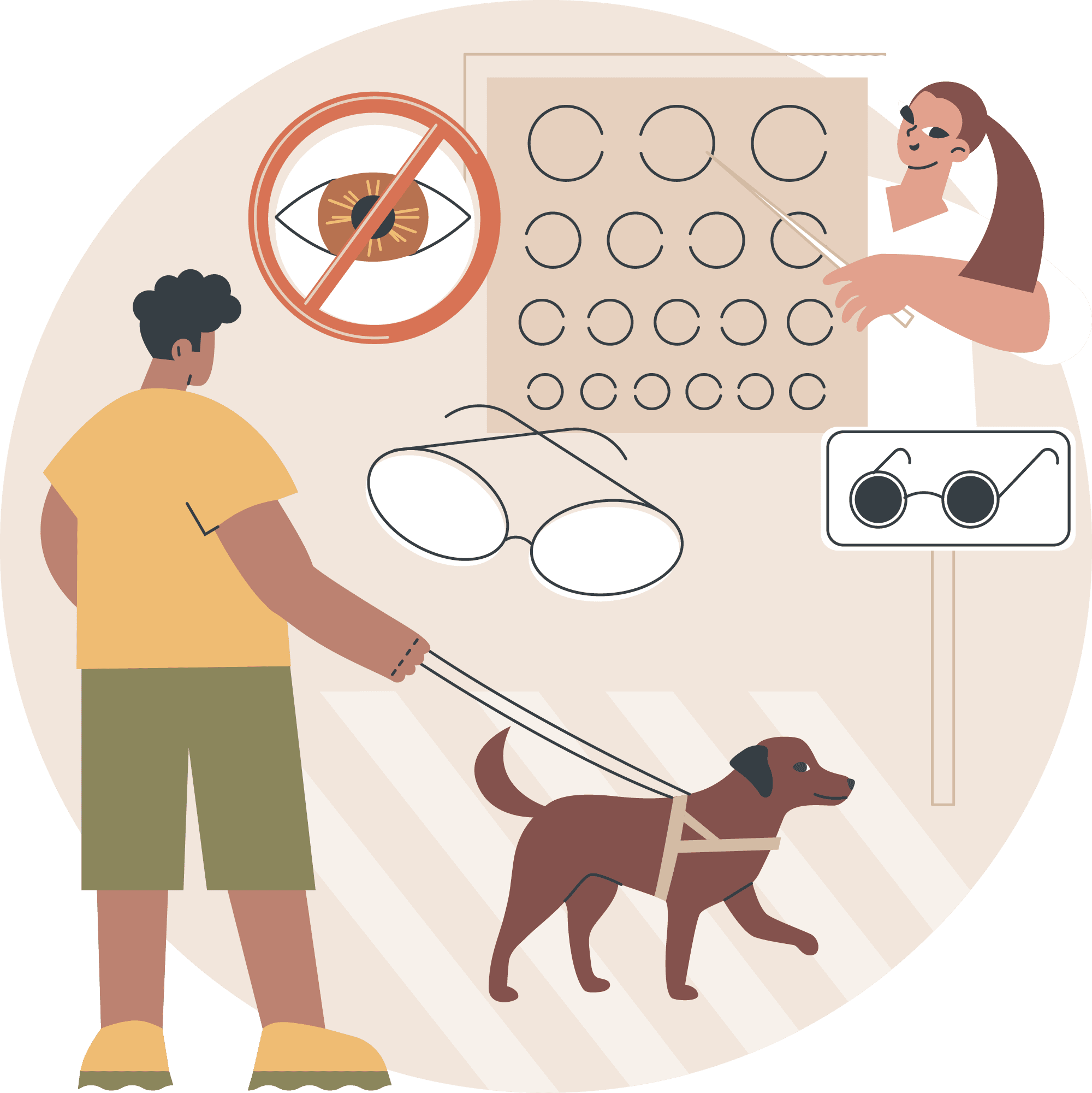 An abstract illustration representing visual impairment and accessibility. The image features a person wearing casual clothes and walking with a guide dog while holding its harness. Surrounding elements include an eye chart with circles, a professional (possibly an optometrist) pointing at the chart, a pair of glasses, a road sign with glasses, and a symbol of an eye with a prohibition sign. The color palette is soft and neutral, with a modern flat design style, visually conveying themes of blindness, vision loss, and assistive tools for the visually impaired.