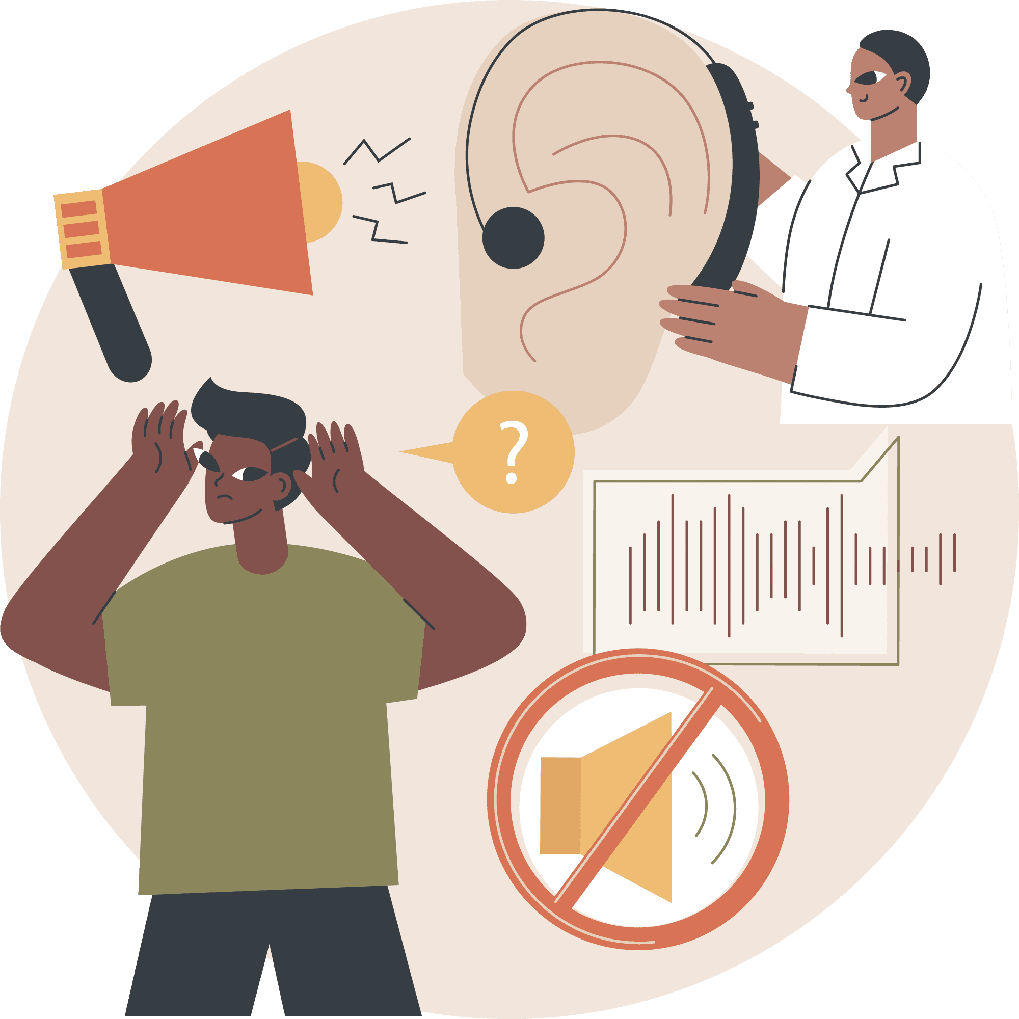An abstract illustration related to hearing impairment and auditory issues. The image includes a person covering their ears, seemingly distressed by loud noise. Surrounding them are various elements: a megaphone emitting sound, an ear with a headset being examined by a professional in a lab coat, a sound wave graphic, a muted speaker icon with a prohibition sign, and a speech bubble with a question mark. The illustration uses a soft color palette and a modern flat design style, visually representing concepts of hearing loss, auditory sensitivity, or communication difficulties.