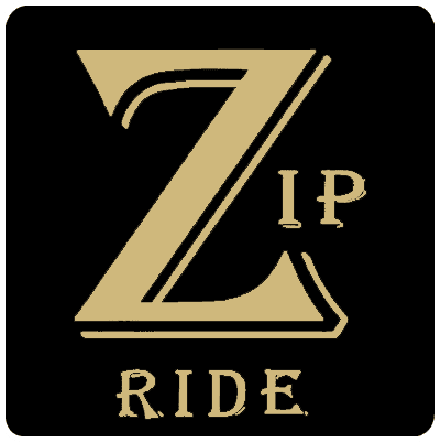 Gold "Zip Ride" logo on black background.