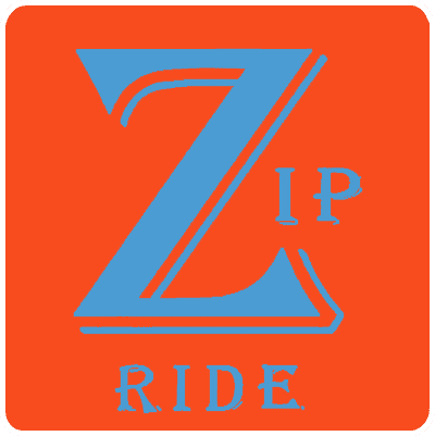 Red and blue "Zip Ride" logo.