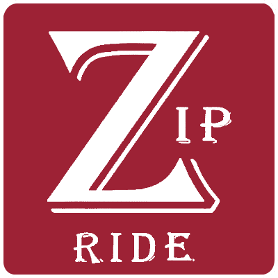 Red logo with stylized "Zip Ride" text.