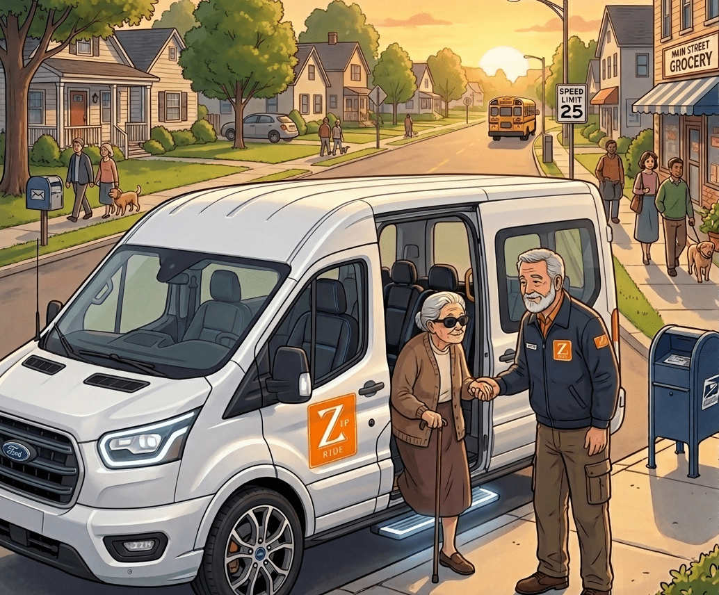 A Zip Ride driver assists a blind passenger with a cane as she safely steps down from a mobility van onto a residential sidewalk.