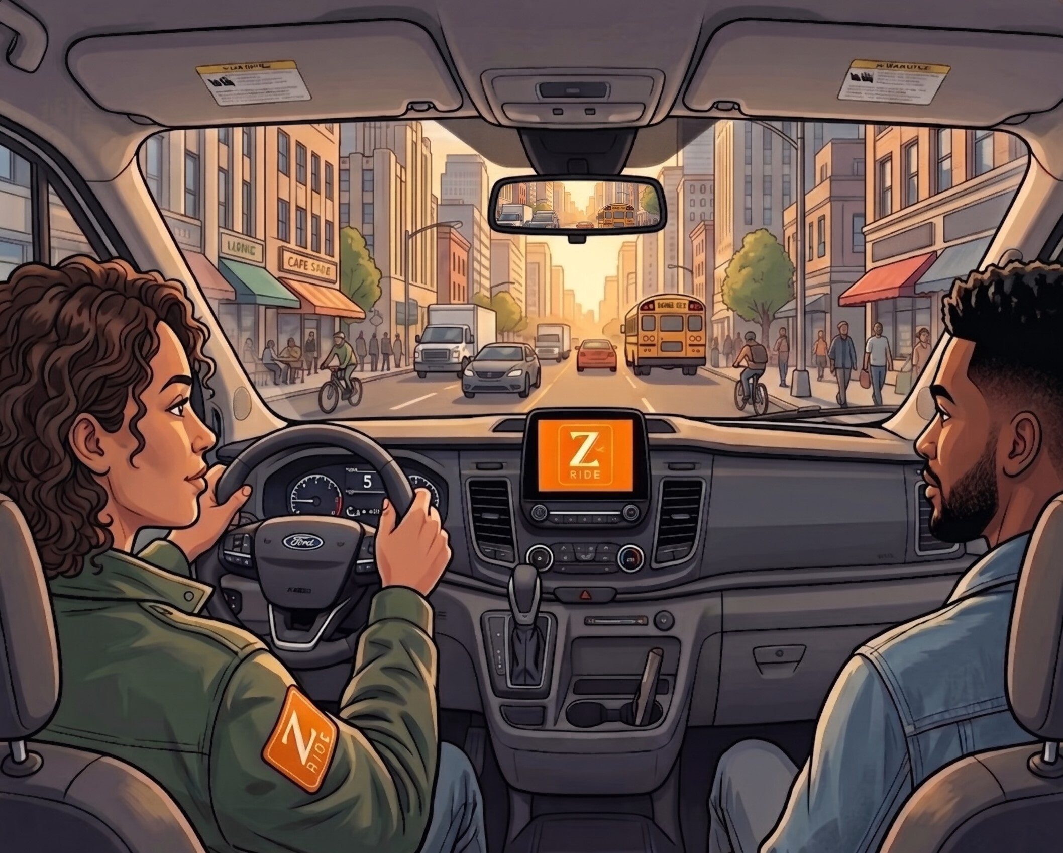 An interior view from the dashboard of a Zip Ride vehicle as a driver and passenger travel through a busy city street at sunset.