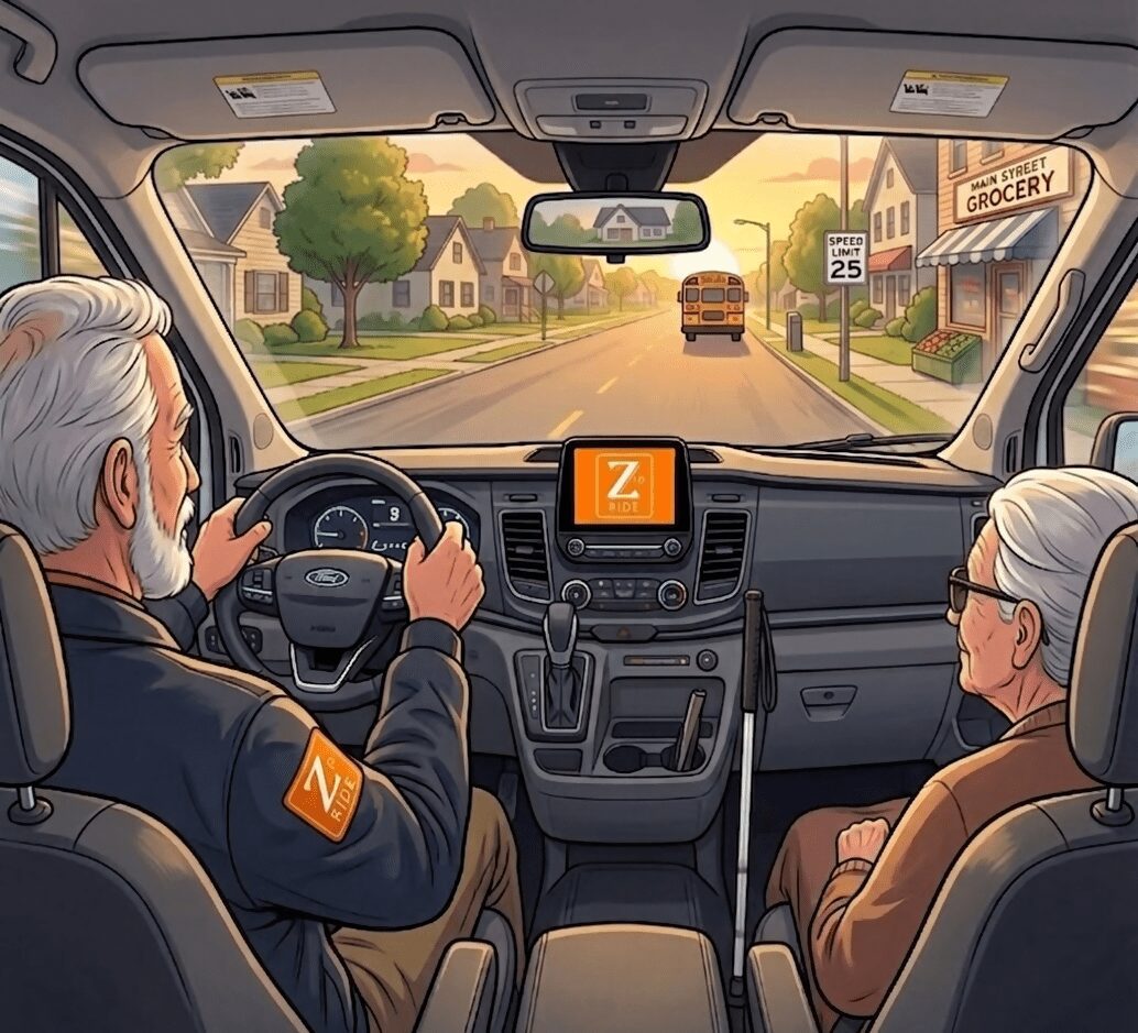 Interior view from the dashboard of a Zip Ride van as a driver and a blind passenger with a cane travel through a quiet neighborhood at sunset.