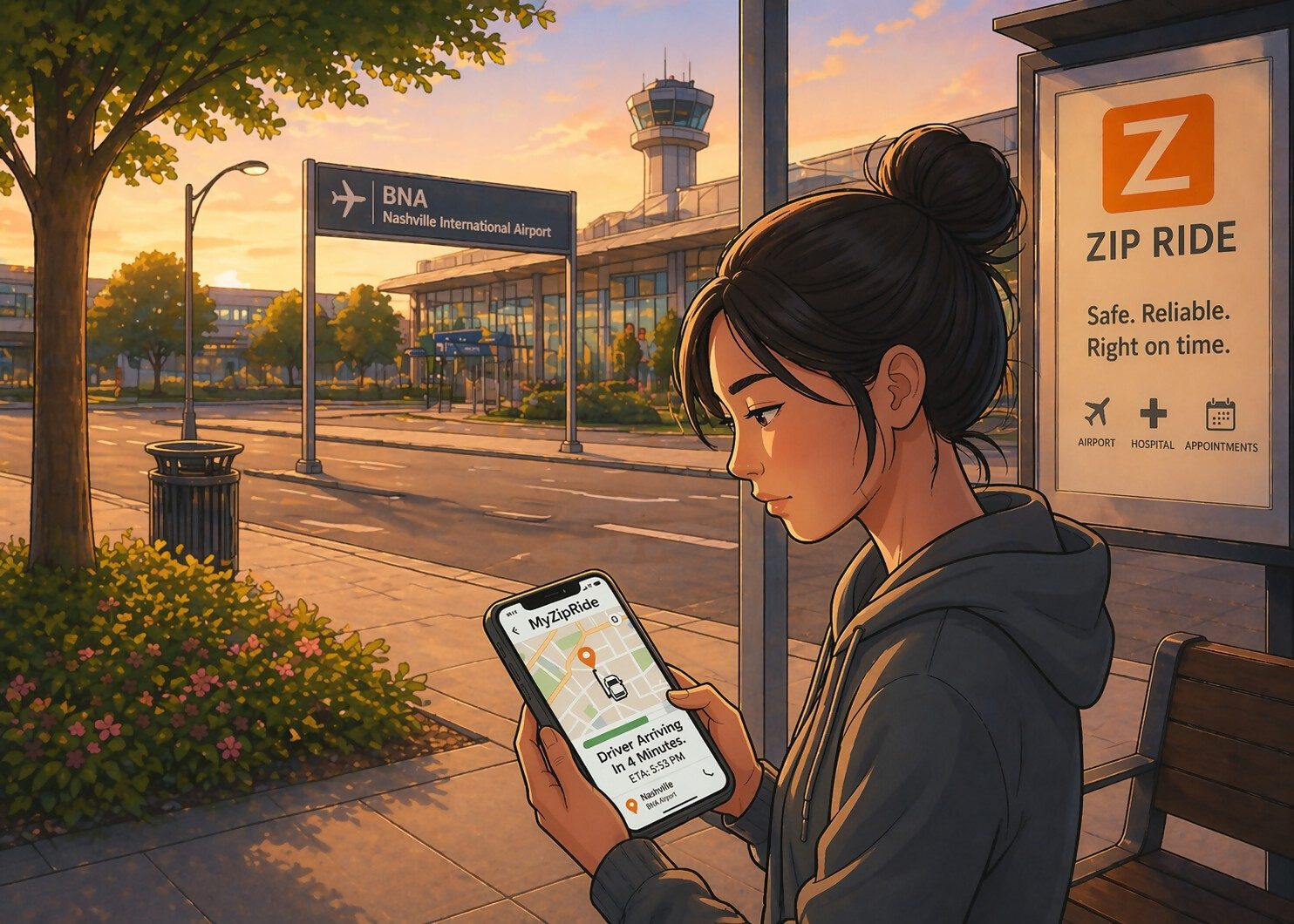 A woman checking the My Zip Ride app on her phone while waiting at a Nashville International Airport shuttle stop.