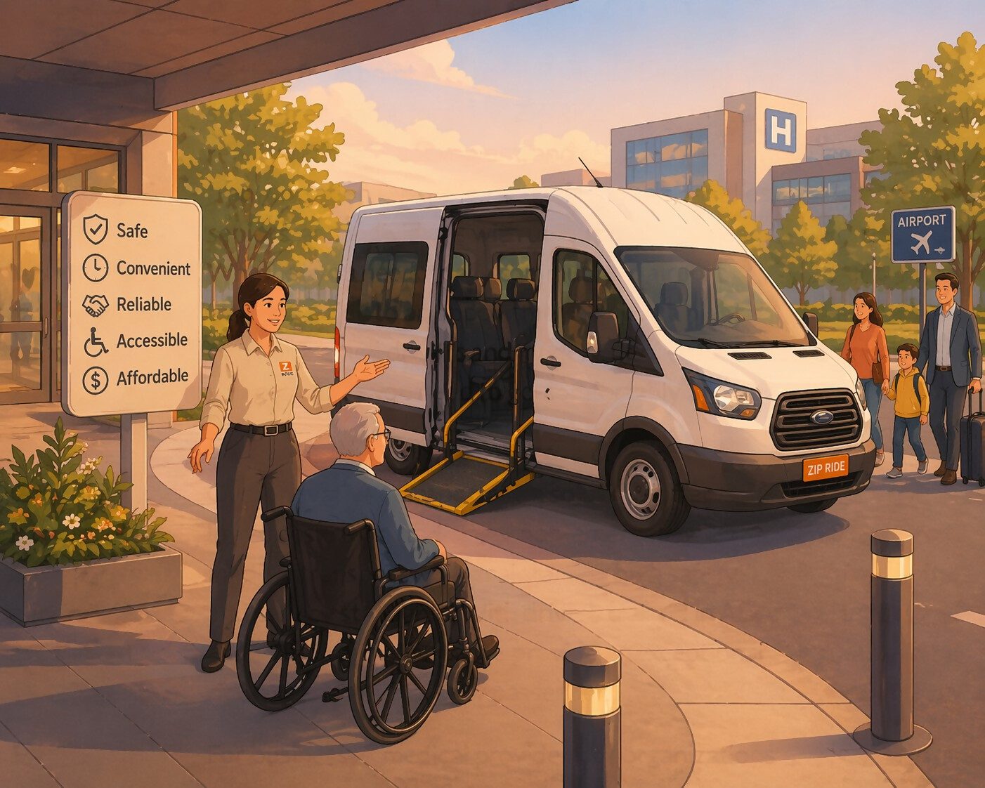 A Zip Ride driver gestures toward an open mobility van with a ramp as a man in a wheelchair prepares to board outside a hospital.