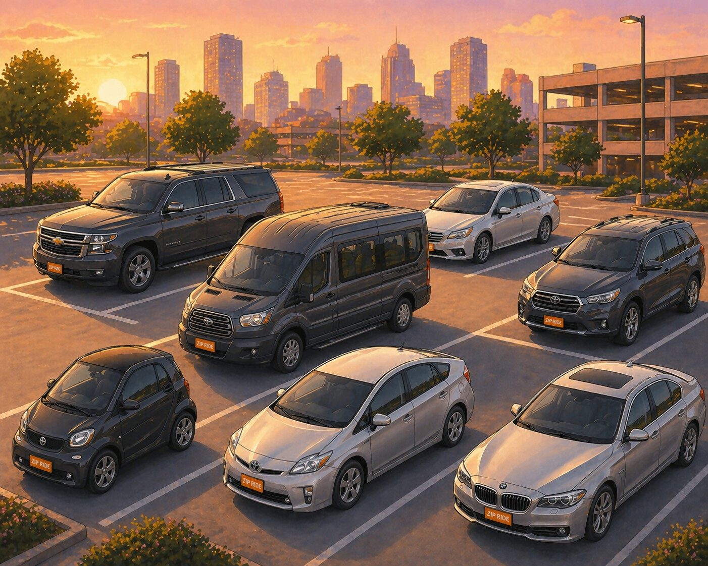 A variety of Zip Ride vehicles, including a mobility van and sedans, parked in a lot with the city skyline in the background at sunset.