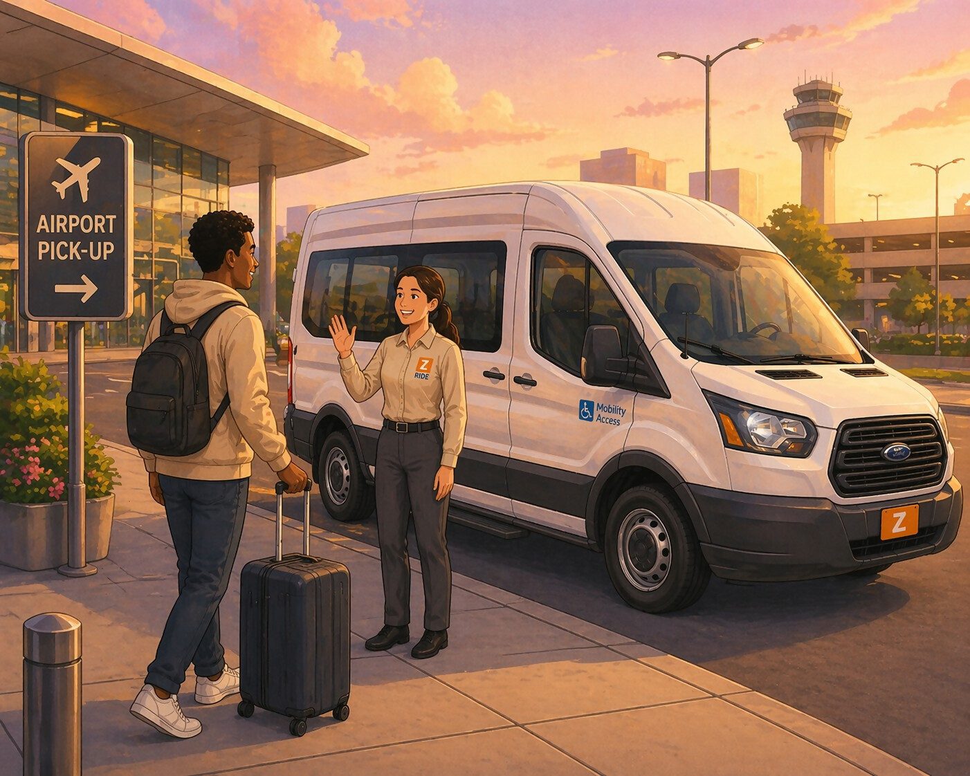 A passenger with a suitcase meeting a Zip Ride driver outside the airport.