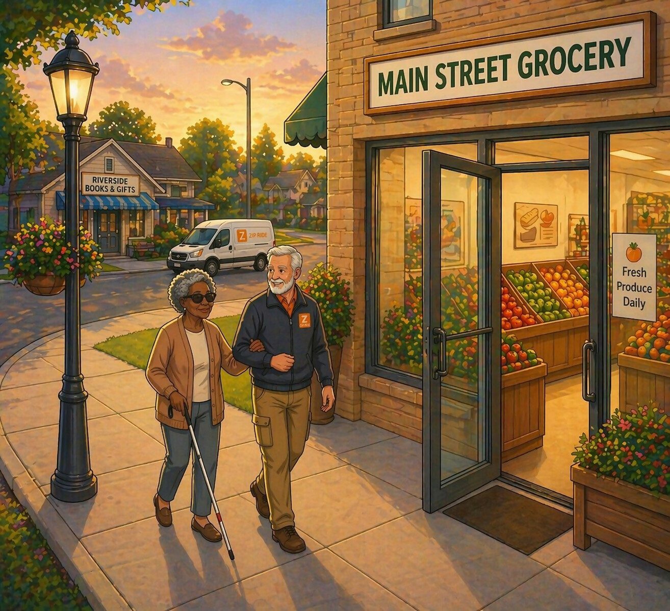 Elderly couple walking past Main Street Grocery.