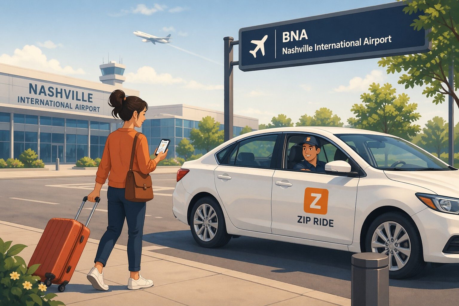 A woman with a suitcase checking her phone as a Zip Ride driver arrives to pick her up at Nashville International Airport.