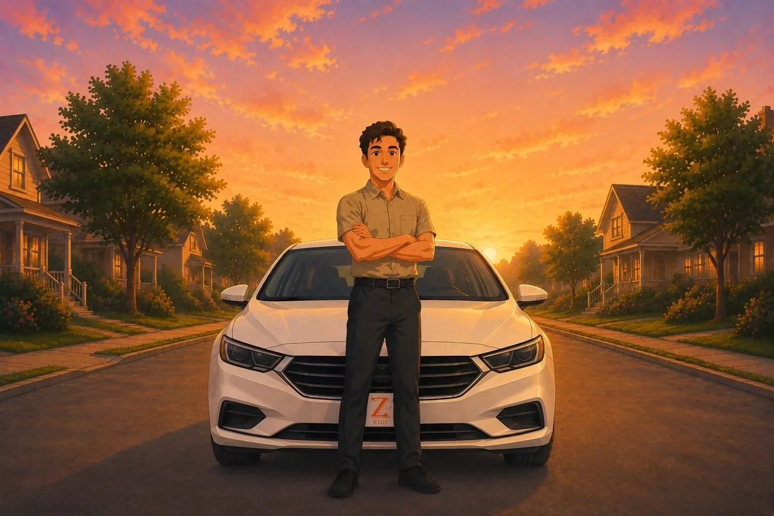 A Zip Ride driver posing in front of his vehicle in a quiet neighborhood.