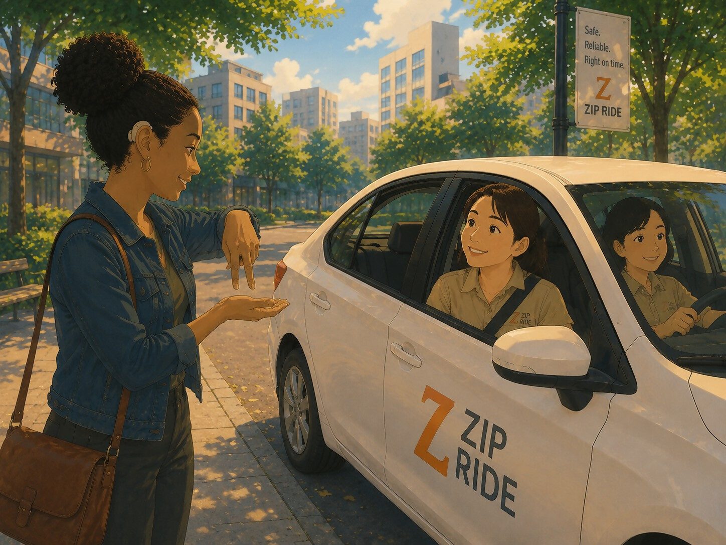 A Zip Ride driver and passenger using sign language to communicate during a pickup on a tree-lined city street.
